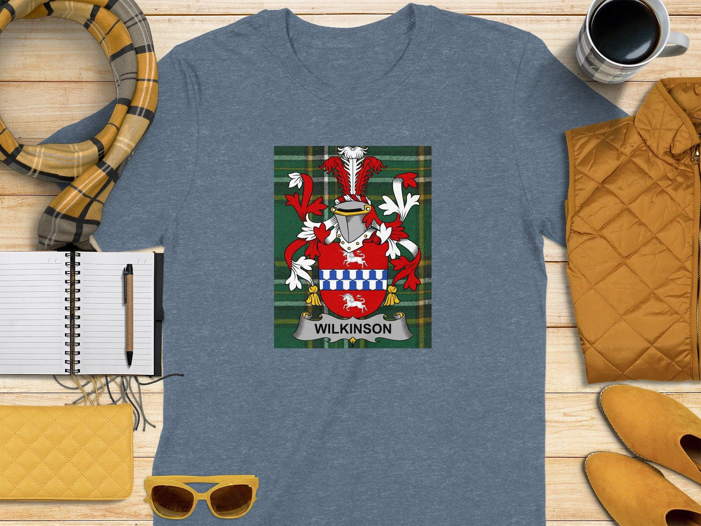 Wilkinson Family Crest on Irish Tartan Background T-Shirt - Celtic Ancestry Gifts