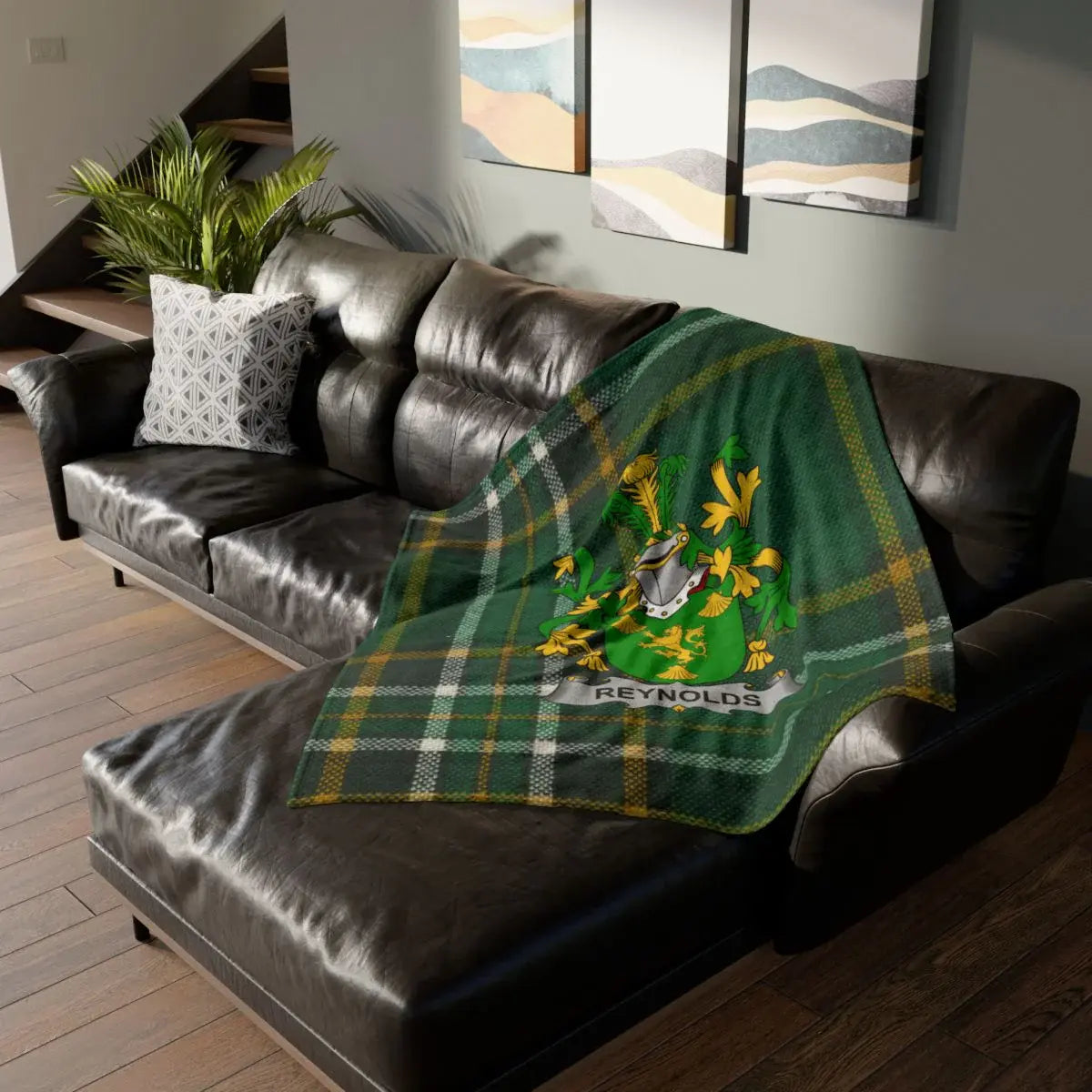 Green Plaid Blanket with Crest and Name Couch product