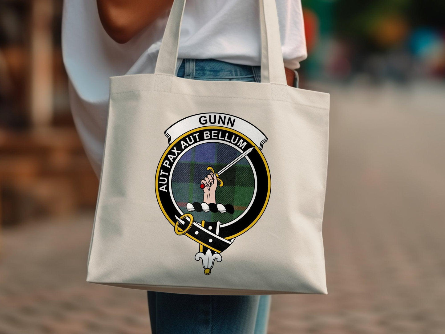 Gunn Scottish Clan Crest Tartan Tote Bags - Celtic Ancestry Gifts