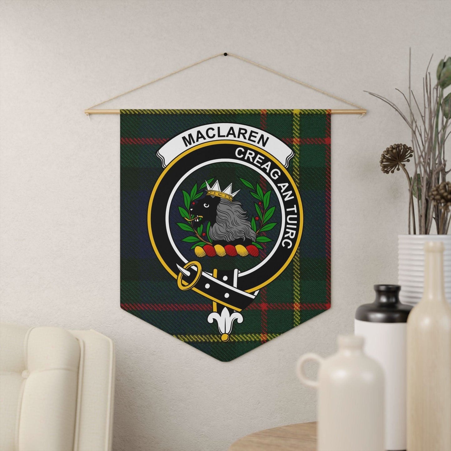 MacLaren Clan Scottish Tartan Heraldic Crest Wall Pennant - Celtic Ancestry Gifts