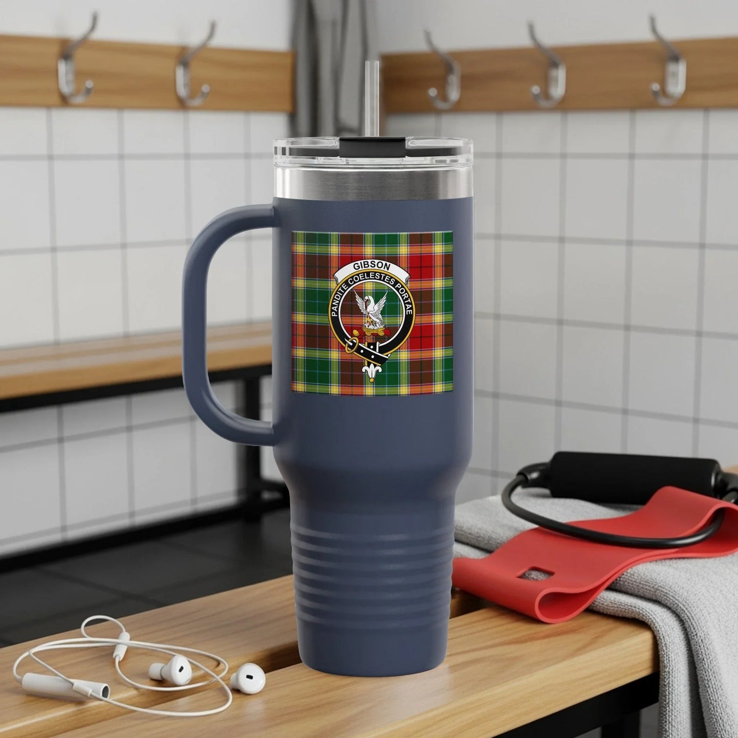 Plaid design tumbler for beverages with handle product