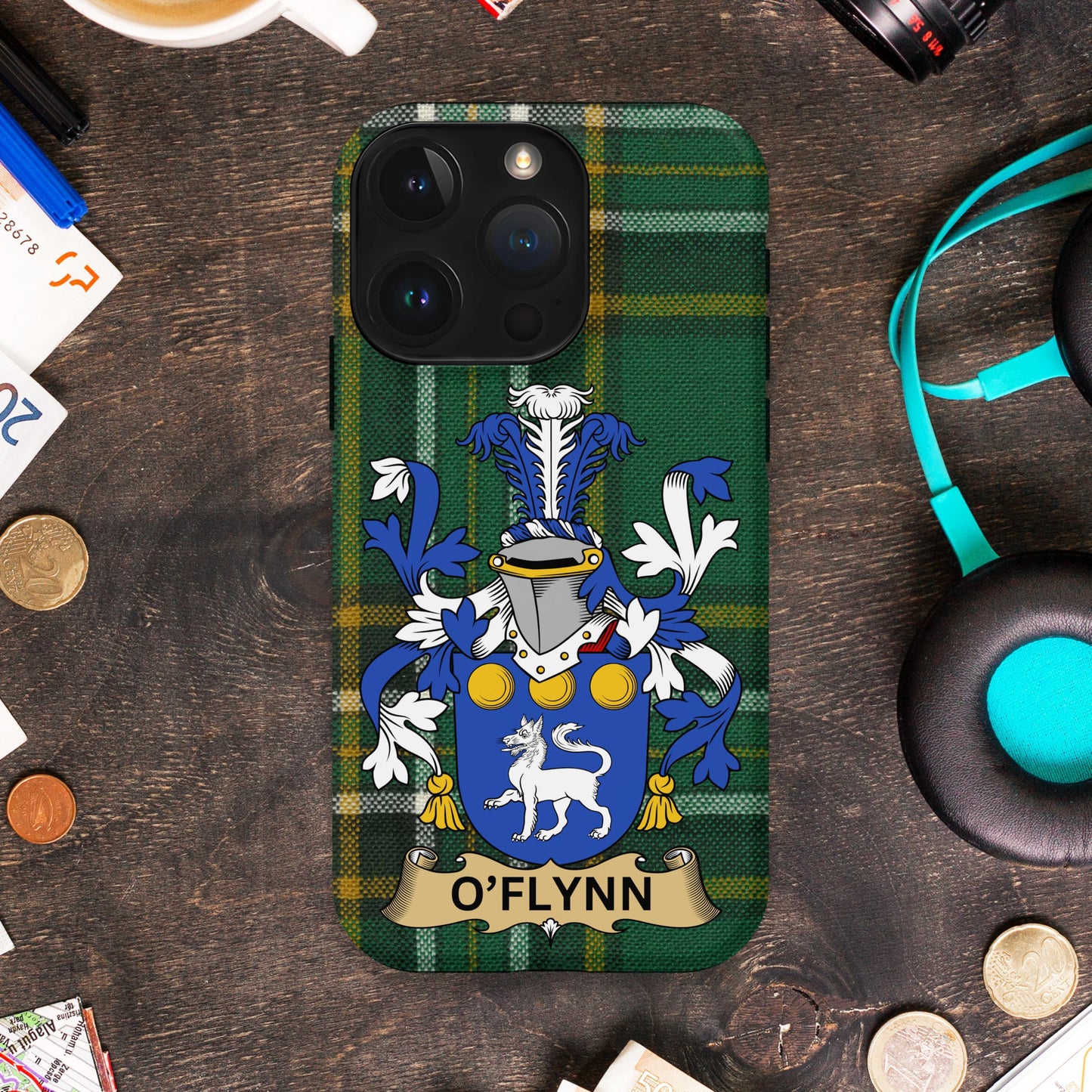 O'Flynn Family Crest on Tartan Design Phone Case product