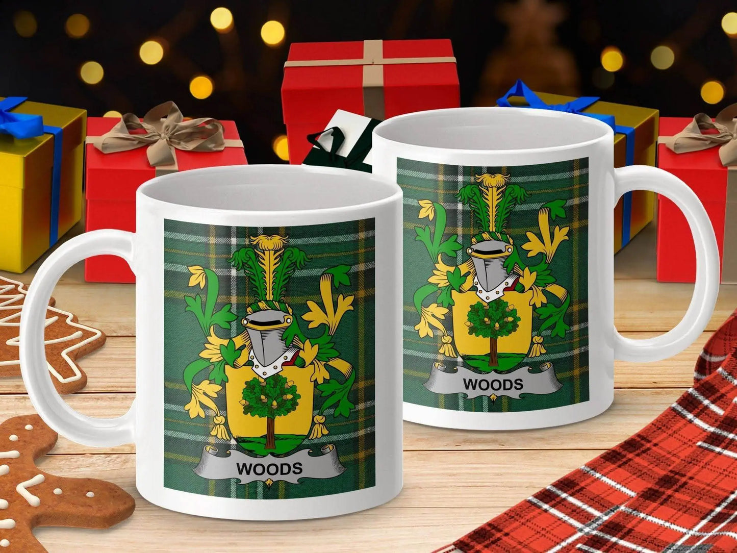 Woods Surname Family Crest Irish Tartan Mug - Celtic Ancestry Gifts