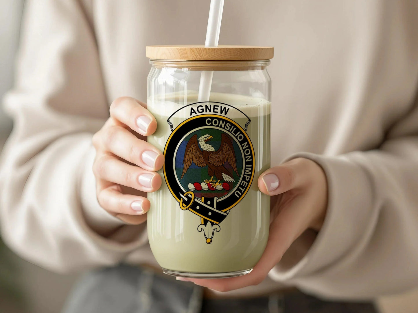 Agnew Clan Crest with Eagle Emblem Glass Sipper Cup - Celtic Ancestry Gifts