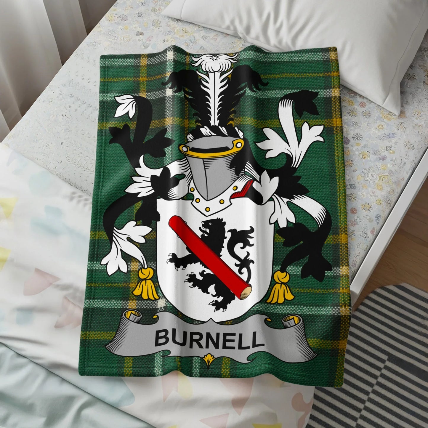 Burnell Family Crest with Tartan Pattern Blanket product
