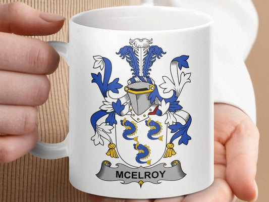 McElroy Family Crest Coat of Arms Design Mug - Celtic Ancestry Gifts