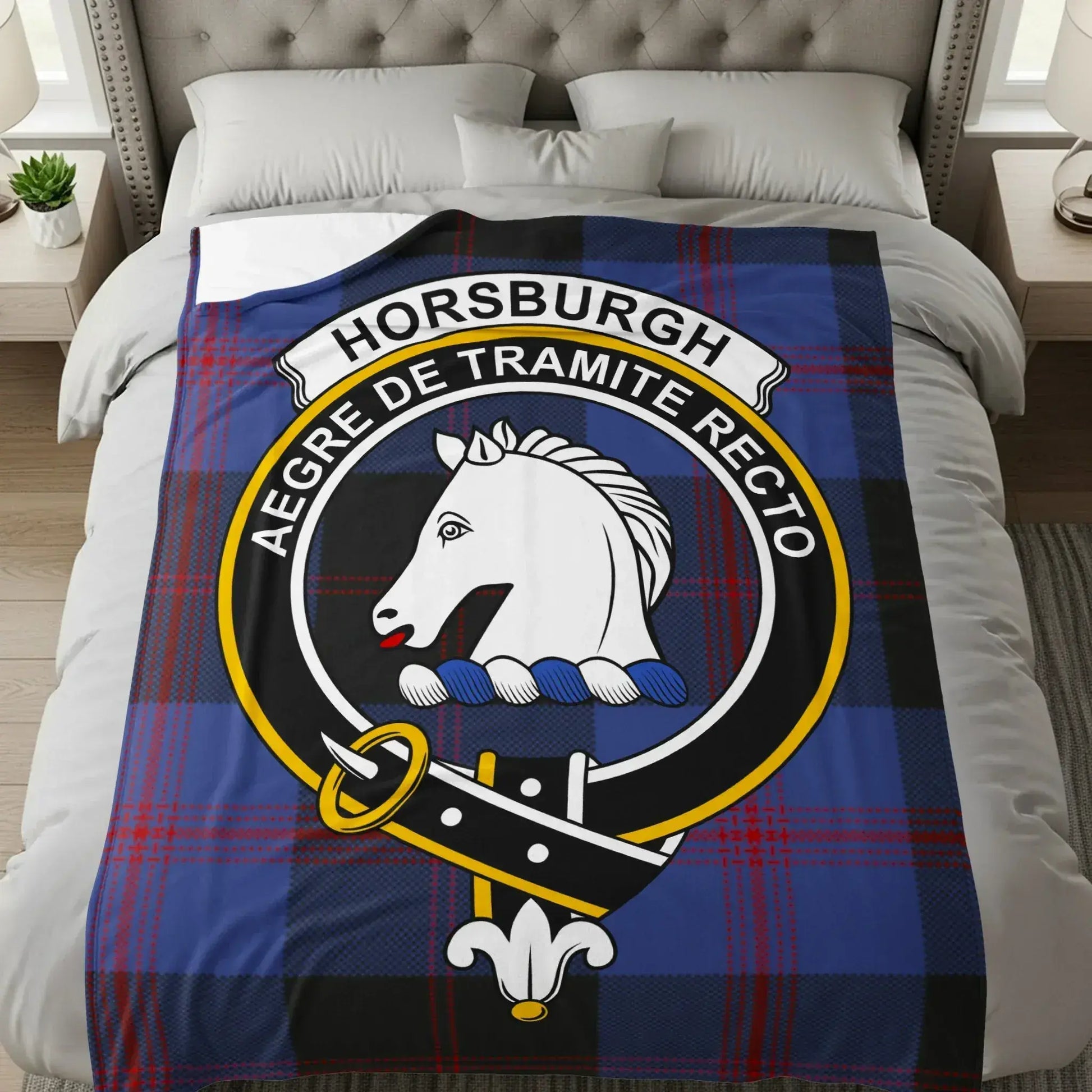 Horsburgh Clan Tartan Blanket with Horse Crest product