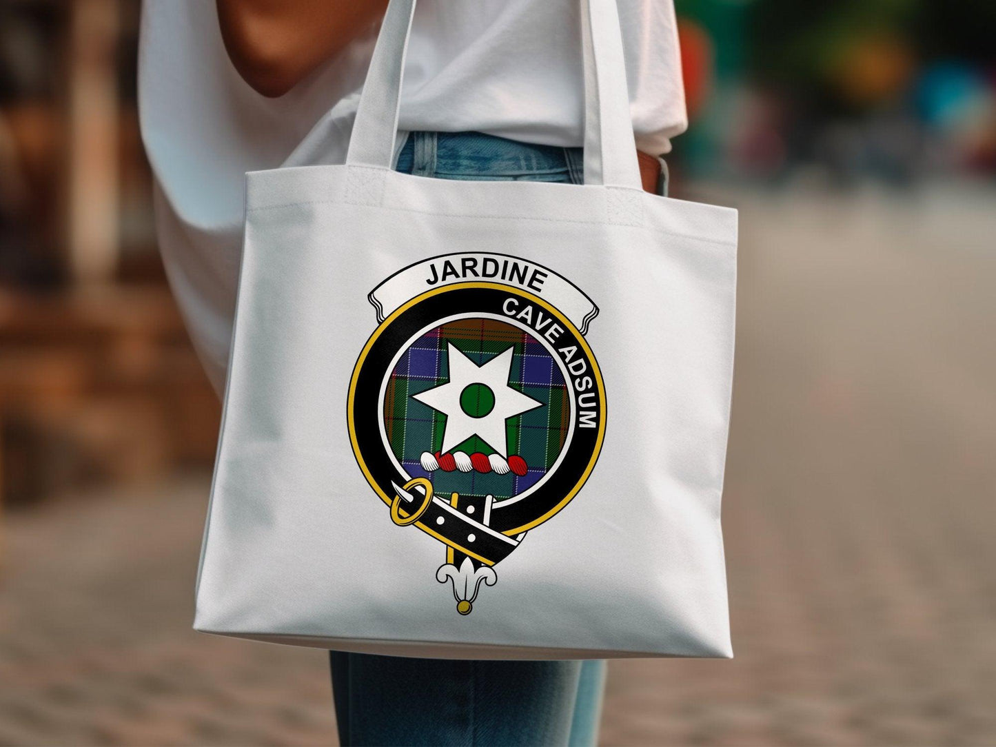 Jardine Scottish Clan Crest Tartan Tote Bags - Celtic Ancestry Gifts