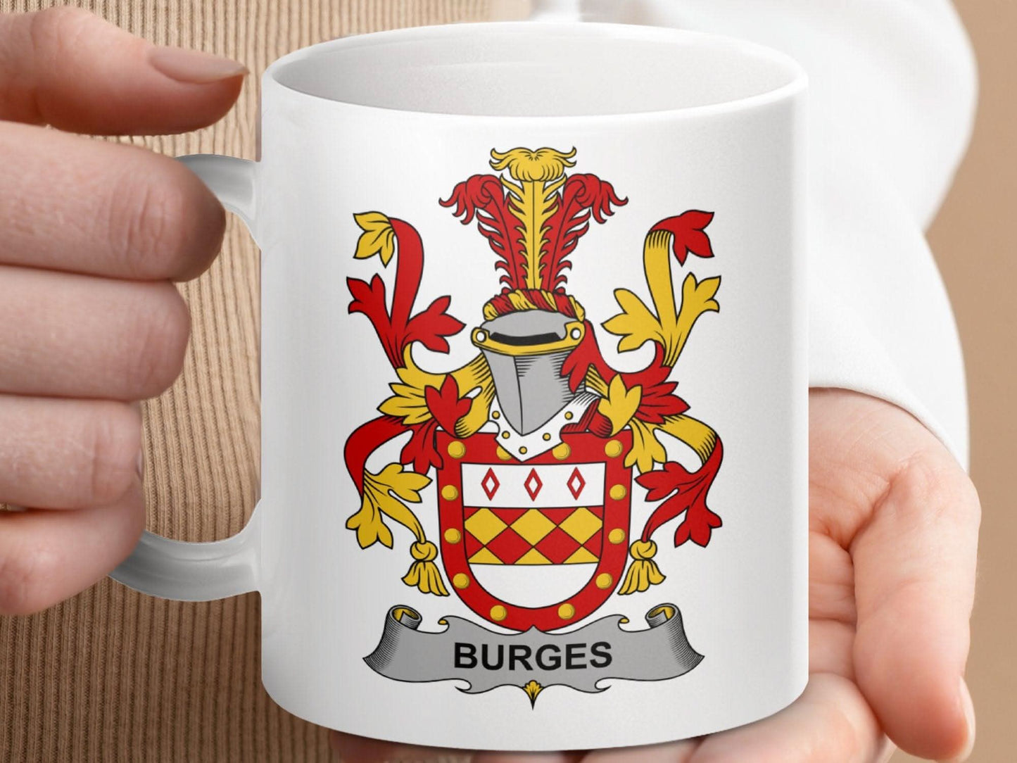 Burges Surname Irish Family Crest Heraldry Heritage Mug - Celtic Ancestry Gifts