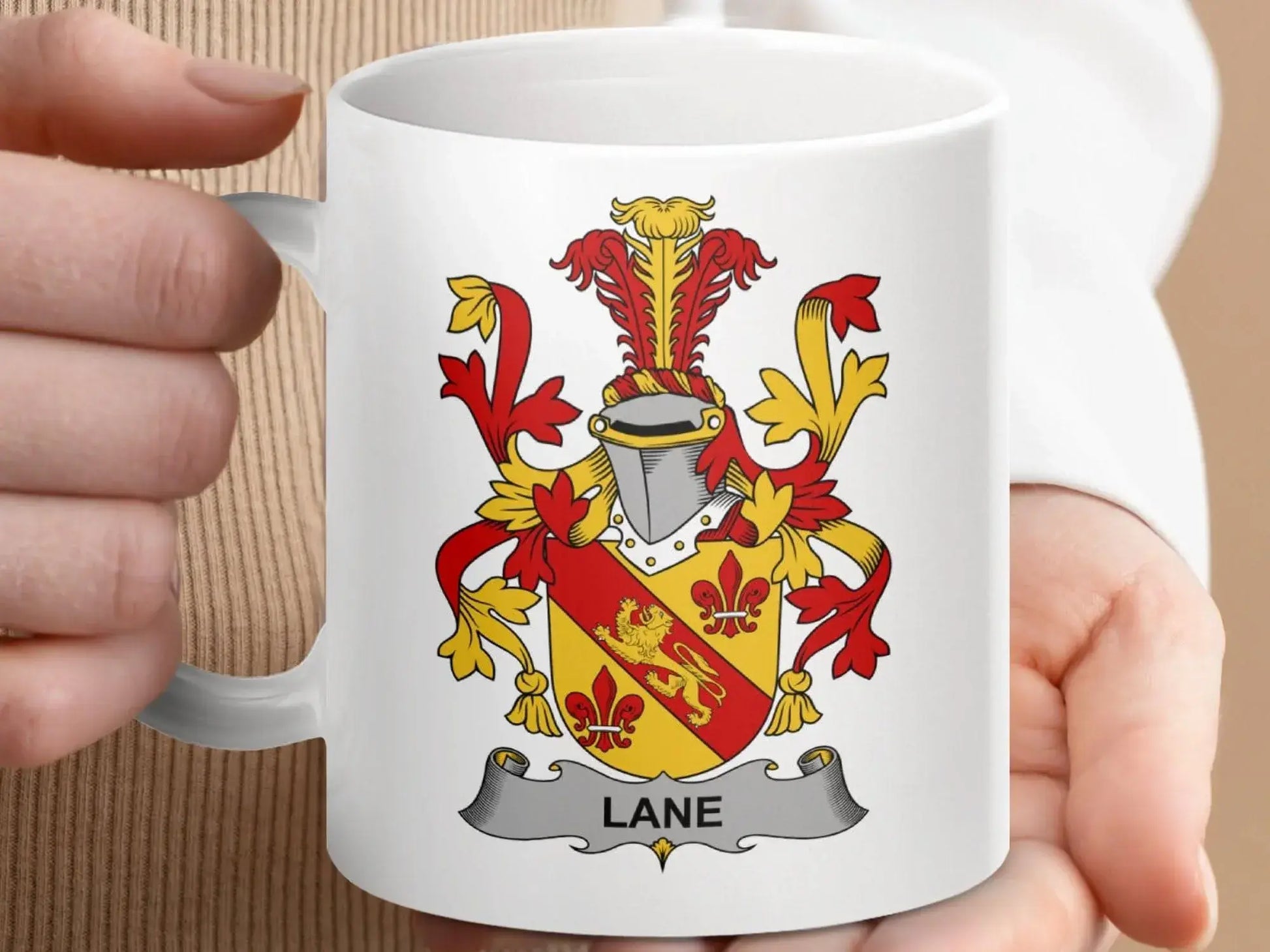 Lane Surname Irish Family Crest Coat Arms Heraldry Mug - Celtic Ancestry Gifts
