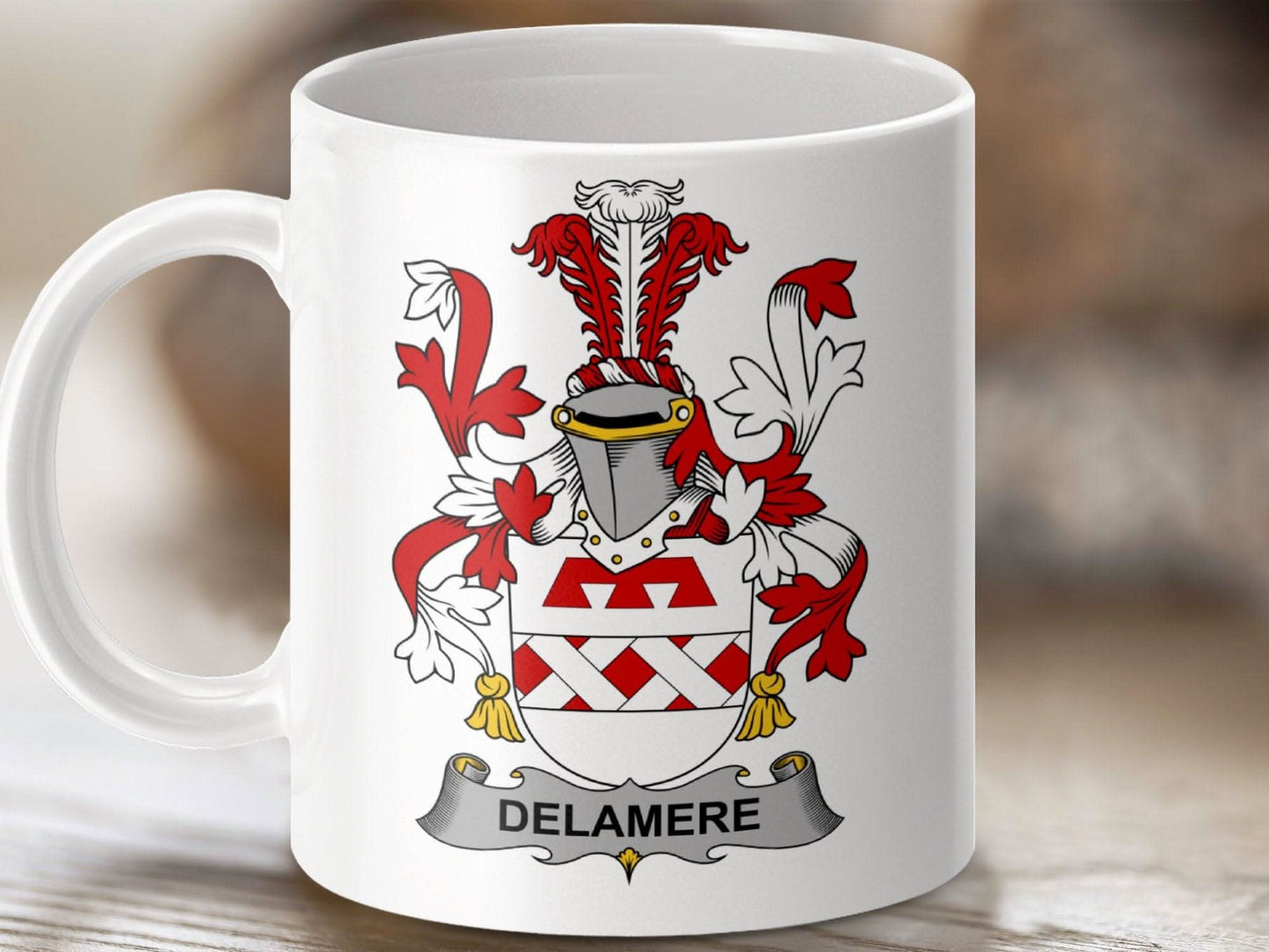 Delamere Surname Irish Family Crest Mug - Celtic Ancestry Gifts