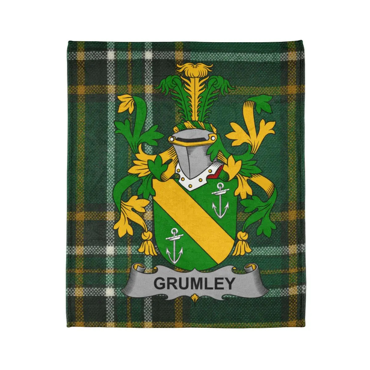 Grumley Family Crest on Tartan Background Blanket product