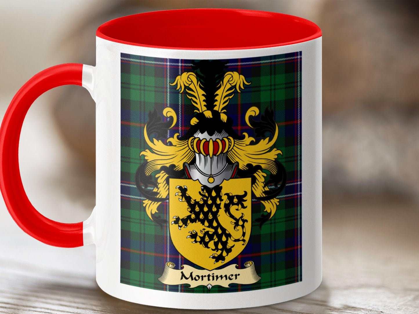 Mortimer Clan Surname Coat Of Arms Tartan Mug - Celtic Ancestry Gifts