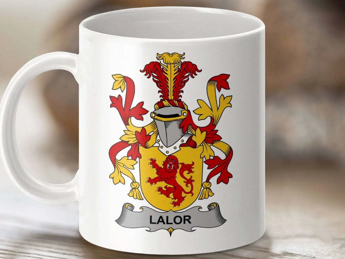 Lalor Surname Irish Family Crest Lion Rampant Heraldry Mug - Celtic Ancestry Gifts
