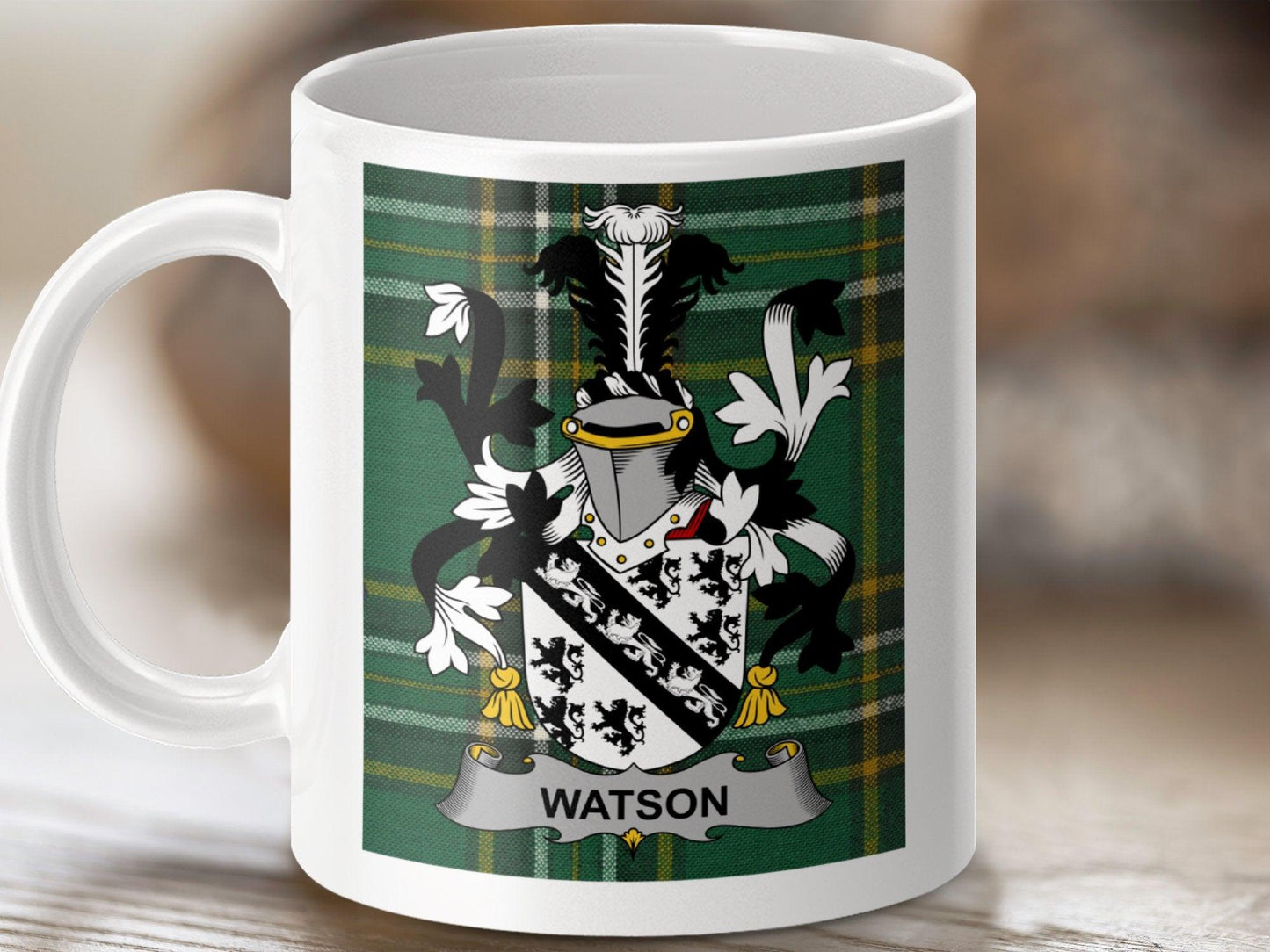 Watson Surname Family Crest Irish Tartan Mug - Celtic Ancestry Gifts