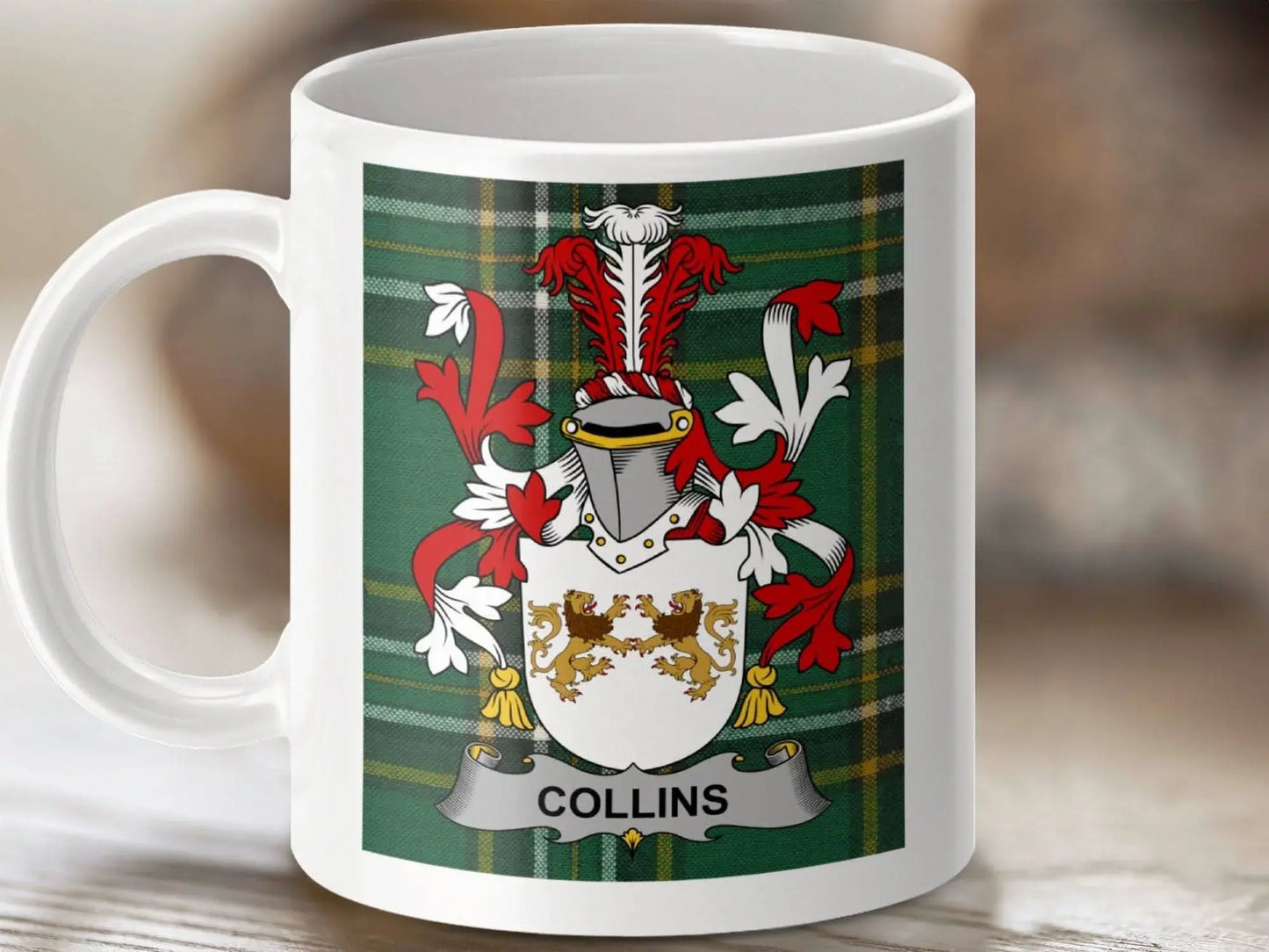 Collins Surname Family Crest Irish National Tartan Mug - Celtic Ancestry Gifts