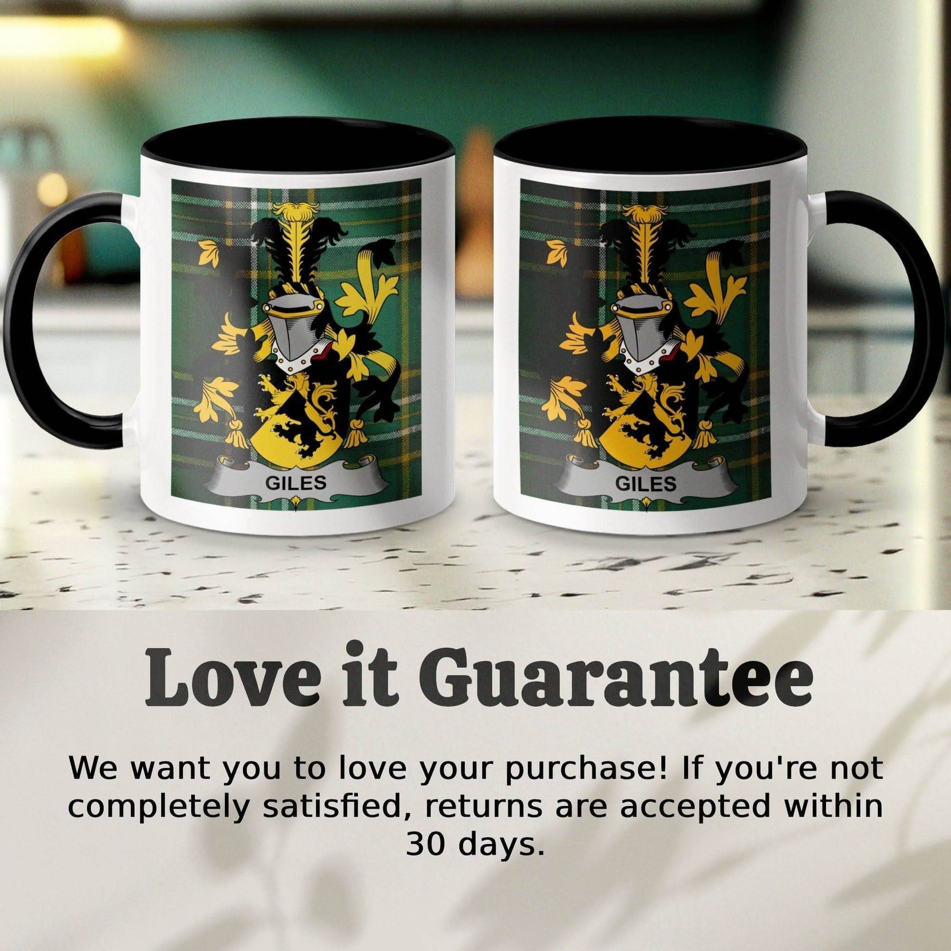 Giles Surname Family Crest Irish Tartan Mug - Celtic Ancestry Gifts