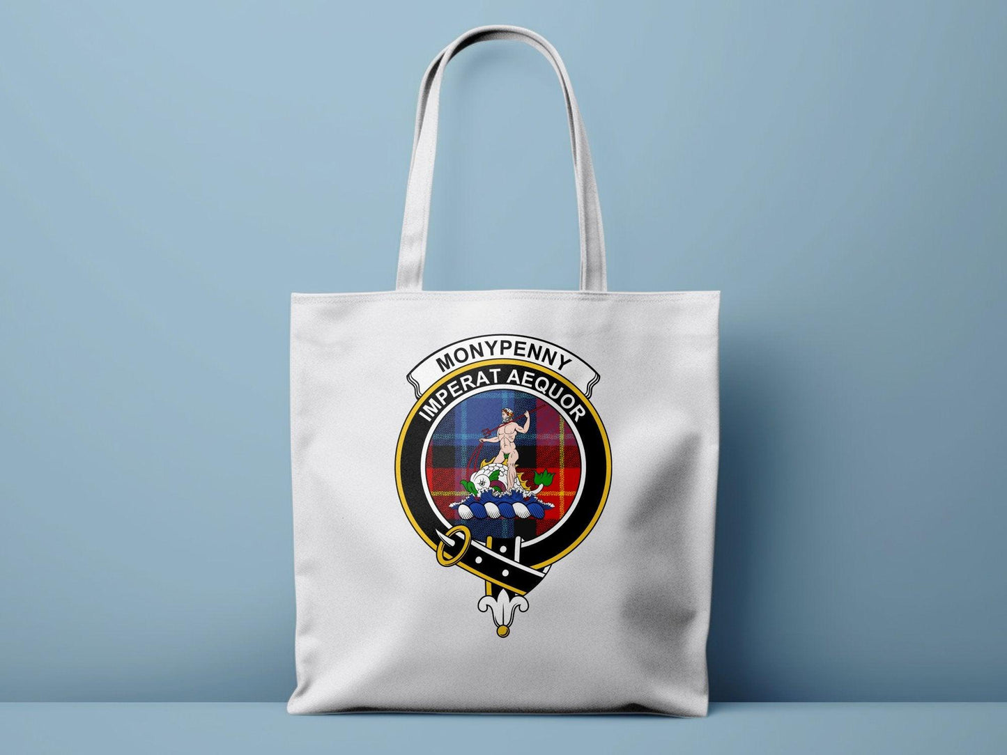 Moneypenny Scottish Clan Crest Tartan Tote Bags - Celtic Ancestry Gifts