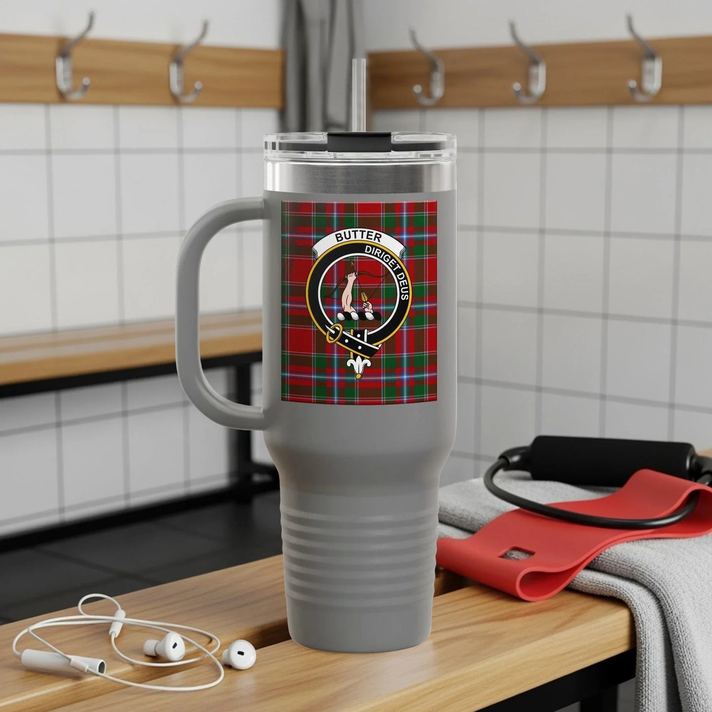 Scottish kilt inspired travel beverage holder product