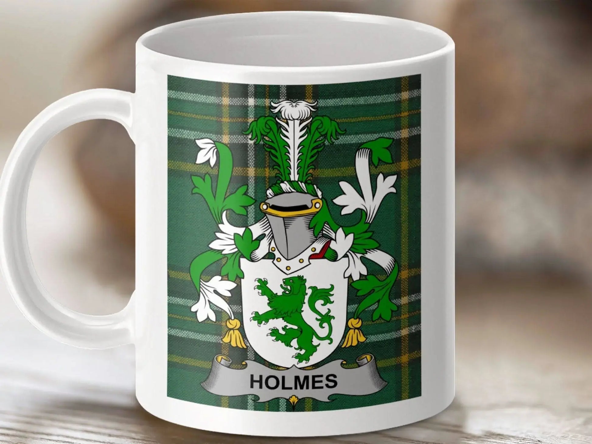 Holmes Surname Family Crest Irish Tartan Mug - Celtic Ancestry Gifts