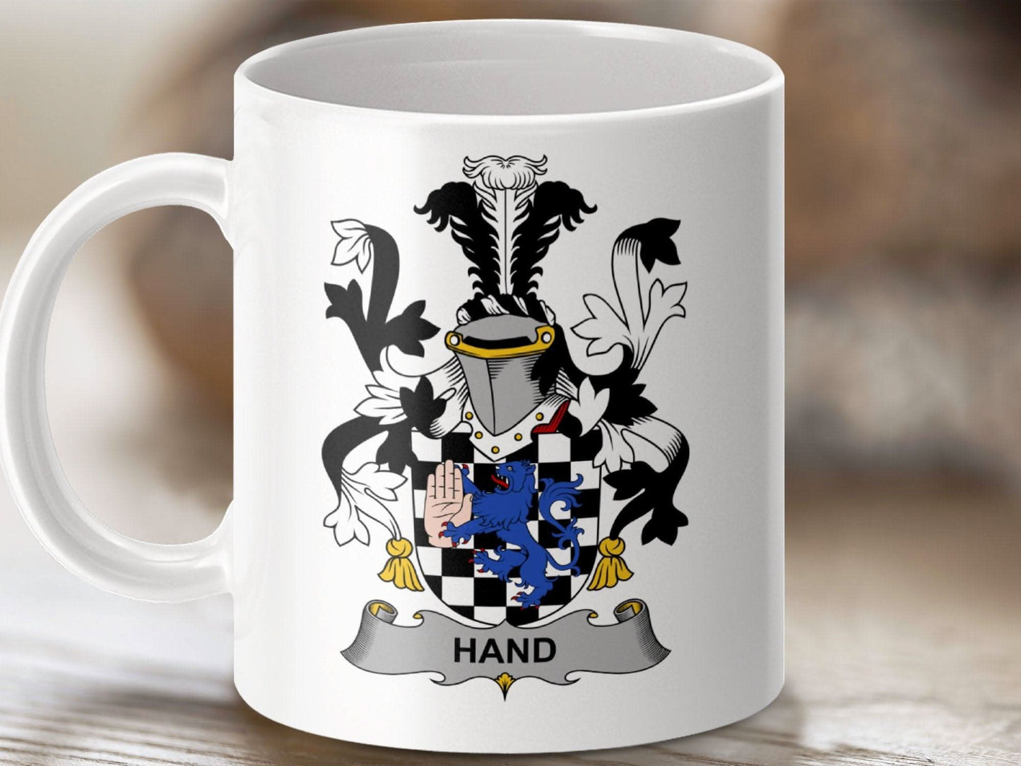 Hand Irish Family Crest Lion Rampant Checkerboard mug - Celtic Ancestry Gifts
