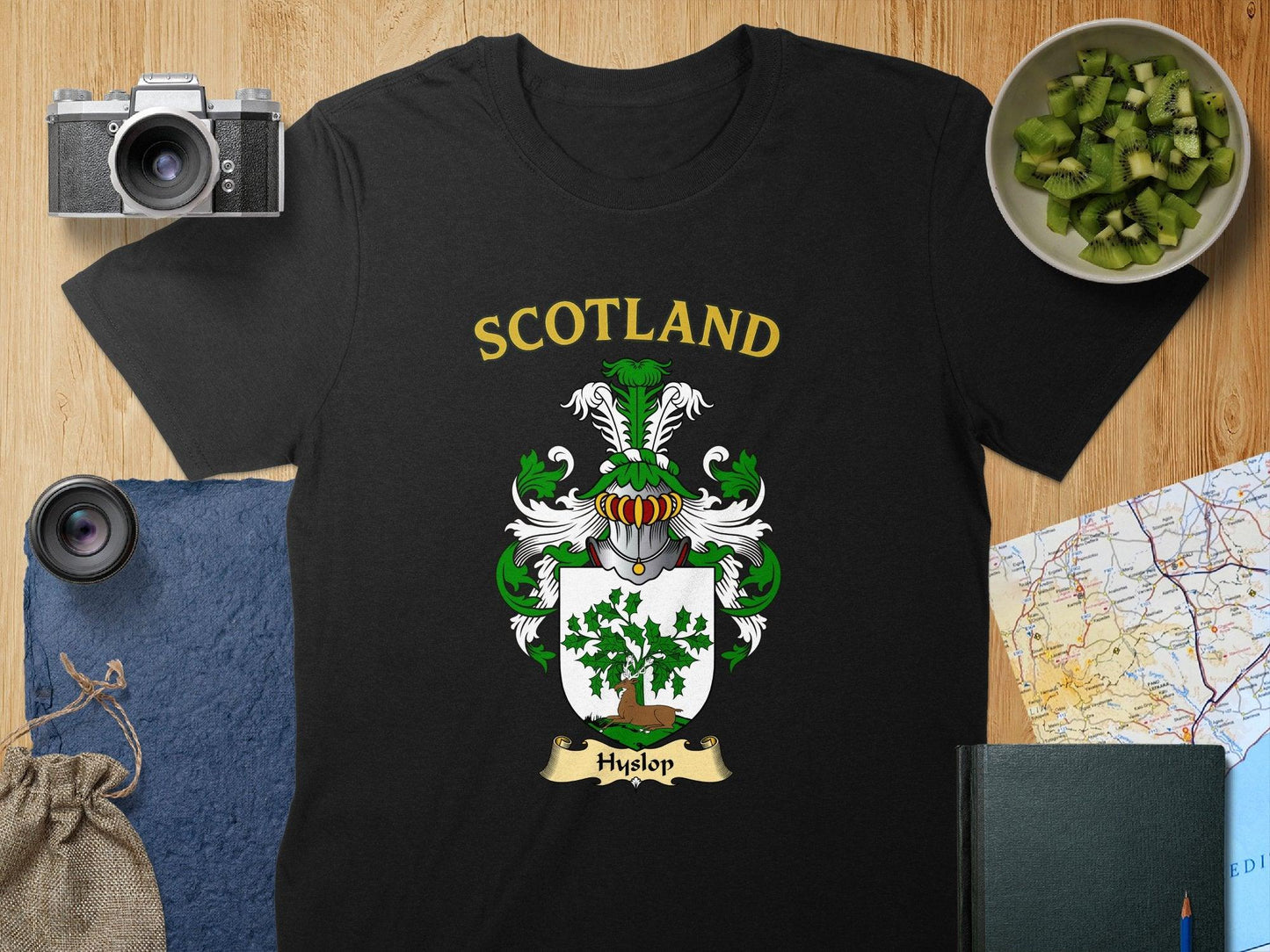 Scotland Hyslop Family Crest on Black T-Shirt product