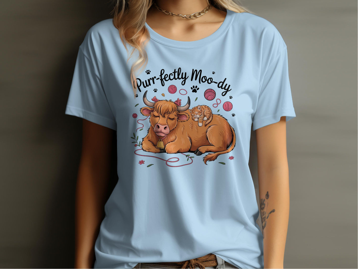 Purr-fectly Moo-dy Cow and Cat Cartoon Art T-Shirt - Celtic Ancestry Gifts