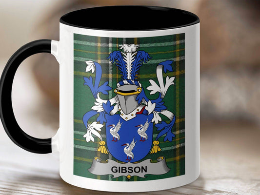 Gibson Surname Family Crest on Irish Tartan Background Mug - Celtic Ancestry Gifts