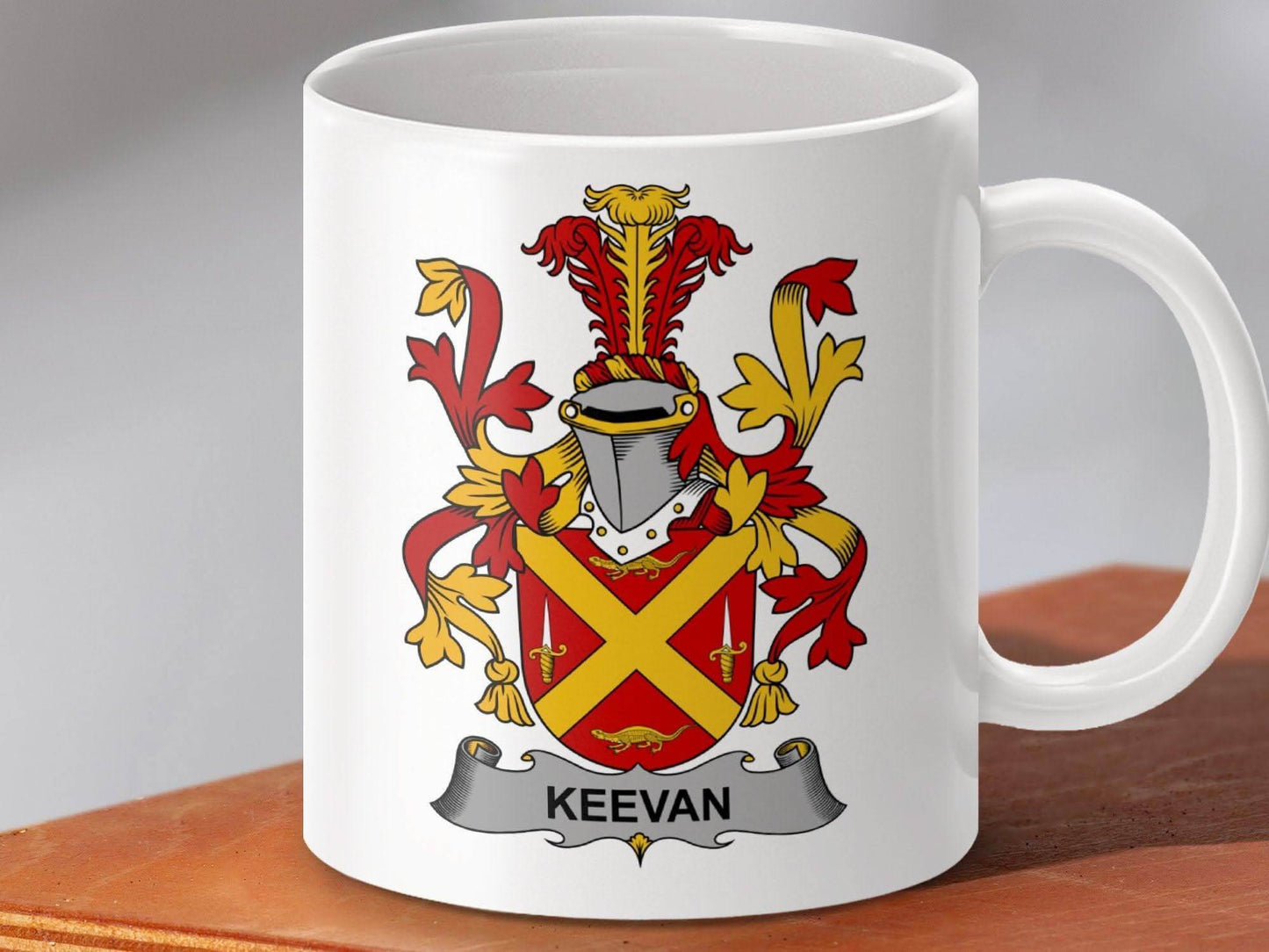 Keevan Irish Surname with Family Crest Design on Mug - Celtic Ancestry Gifts