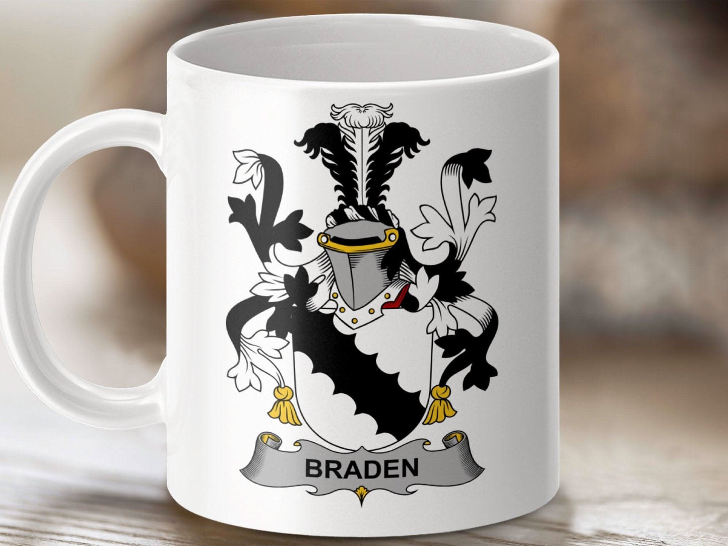 Braden Surname Irish Family Crest Heraldry Gift Mug - Celtic Ancestry Gifts