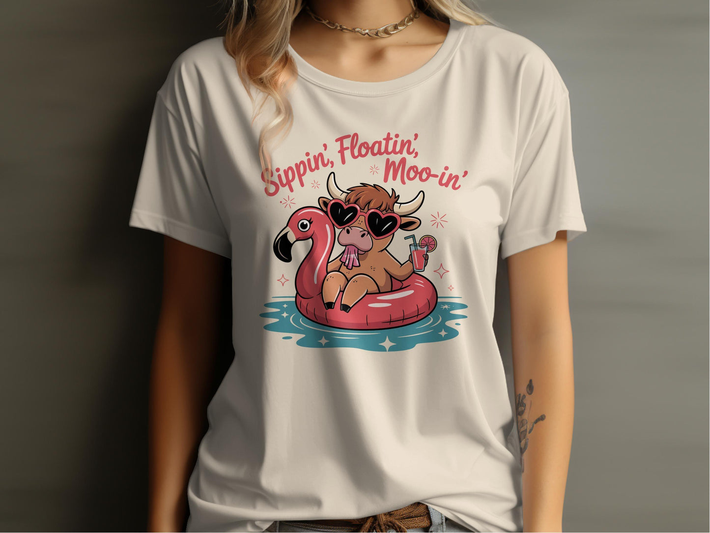 Sippin Floatin Moo-in Graphic Cow Flamingo T-shirt product type