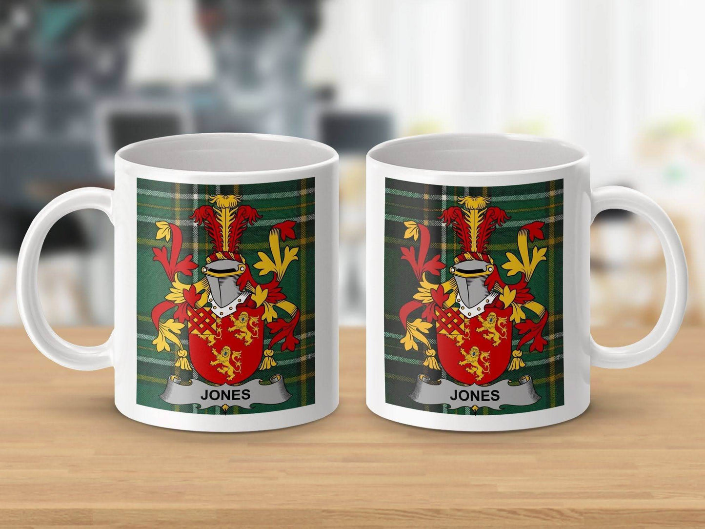 Jones Surname Family Crest on Irish Tartan Pattern Mug - Celtic Ancestry Gifts