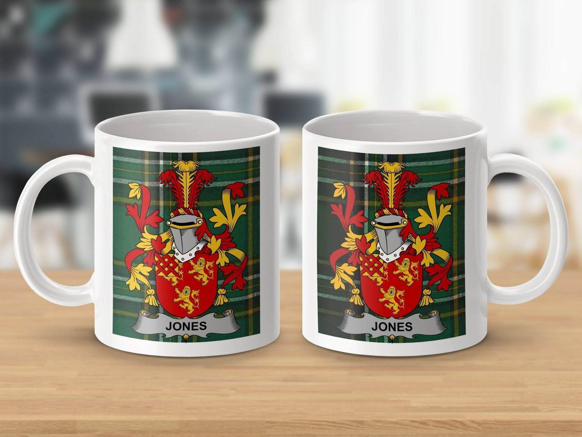 Jones Surname Family Crest on Irish Tartan Pattern Mug - Celtic Ancestry Gifts