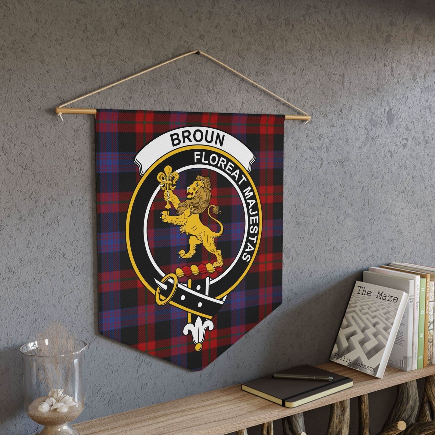 Broun Clan Scottish Tartan Lion Crest Wall Pennant - Celtic Ancestry Gifts
