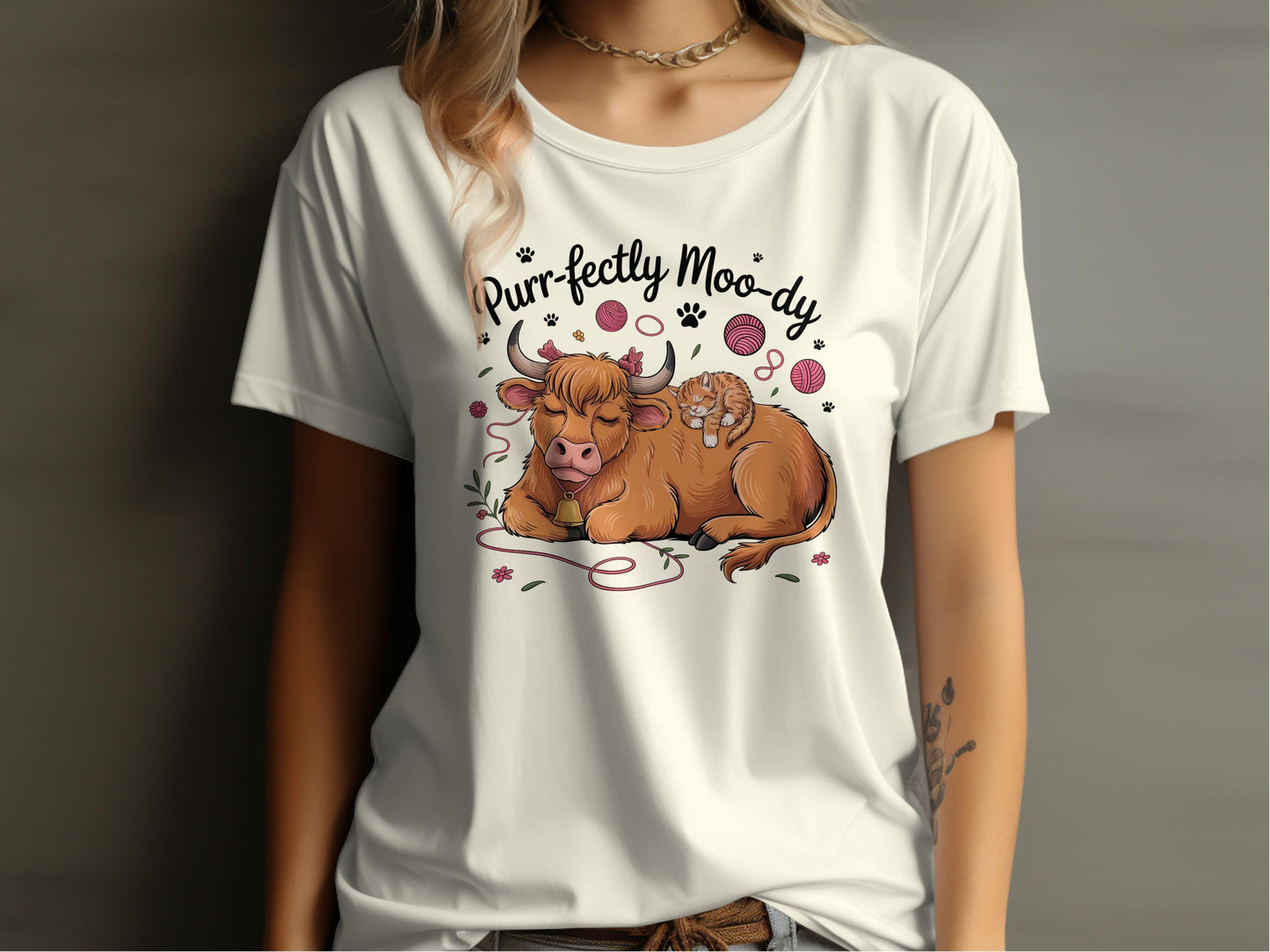Purr-fectly Moo-dy Cow and Cat Cartoon Art T-Shirt - Celtic Ancestry Gifts