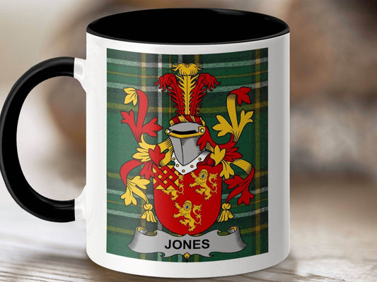 Jones Surname Family Crest on Irish Tartan Pattern Mug - Celtic Ancestry Gifts