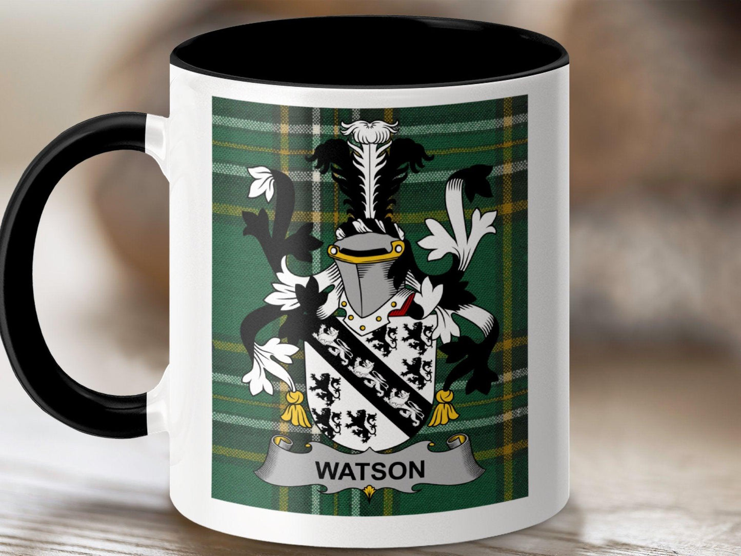 Watson Surname Family Crest Irish Tartan Mug - Celtic Ancestry Gifts