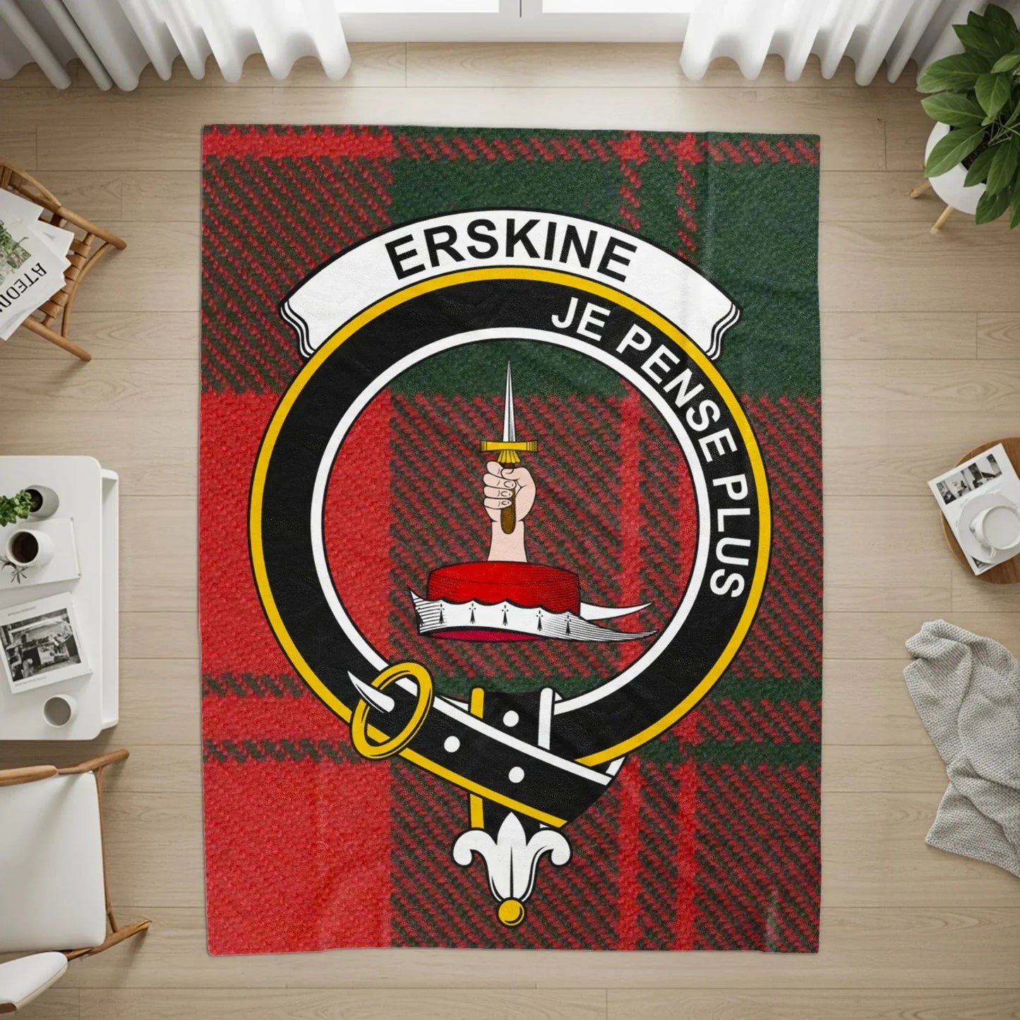 Erskine Je Pense Plus Clan Crest Tartan Rug product type