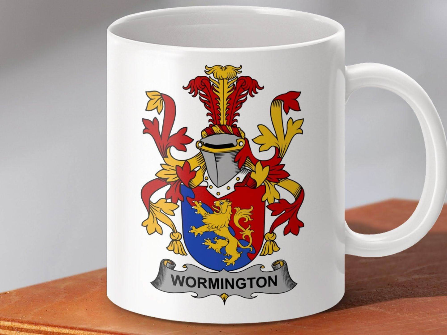Wormington Family Crest Lion Shield Emblem Mug - Celtic Ancestry Gifts