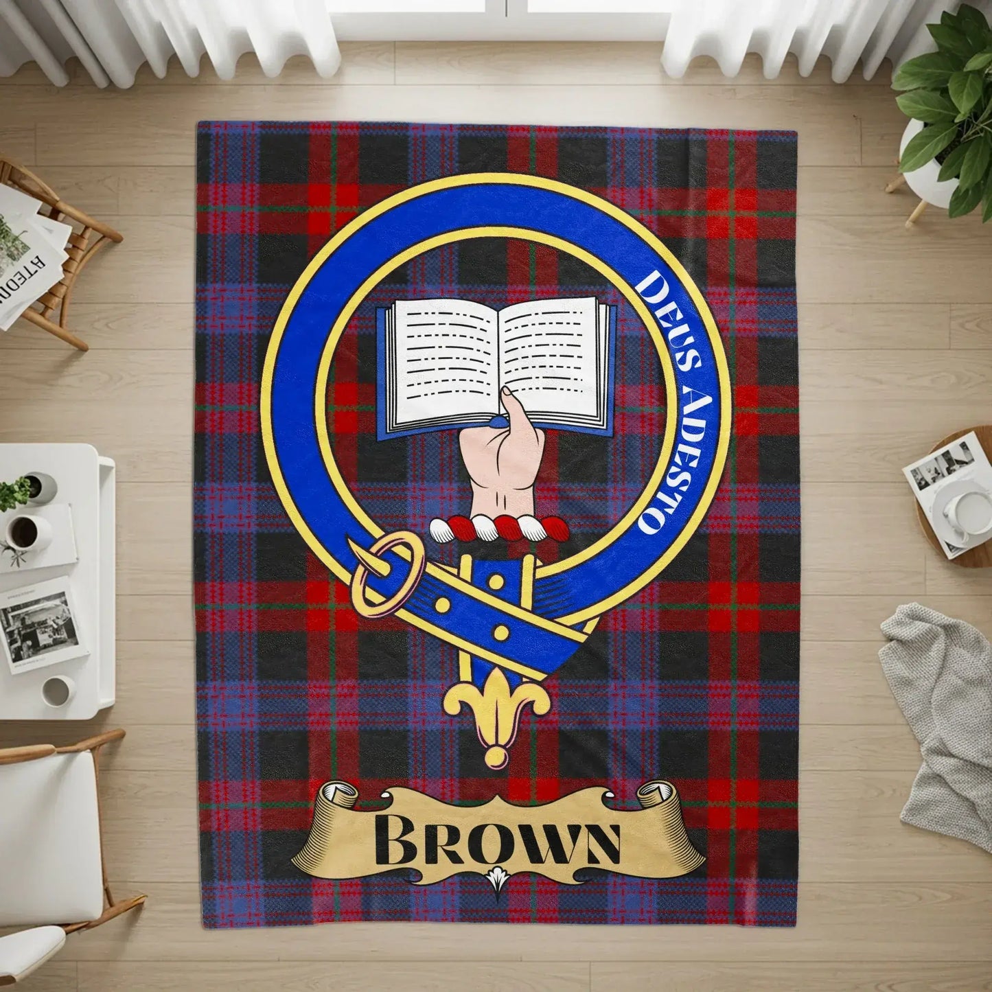 Custom Tartan Plaid Design with Brown Crest Rug Product