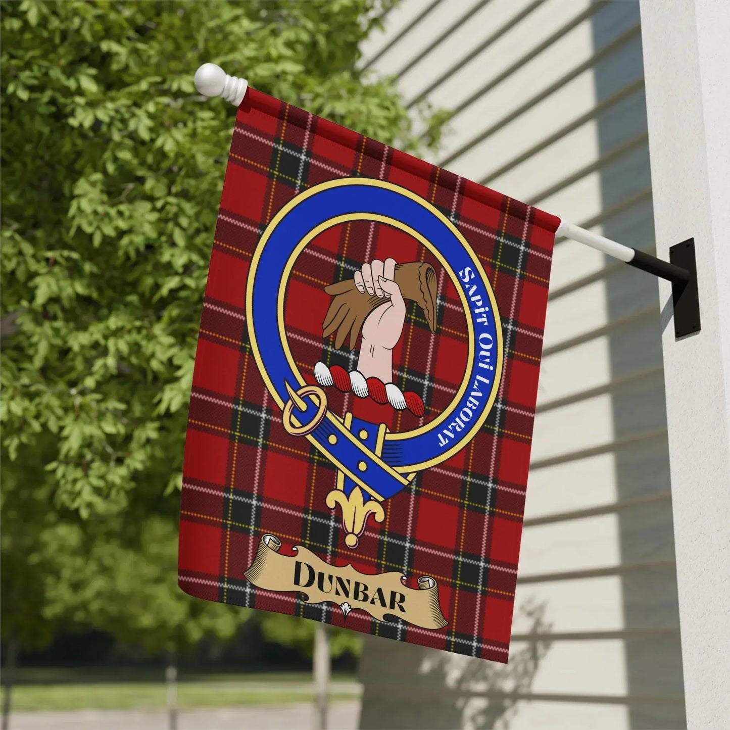 Dunbar Clan Crest on Red Tartan Personalized Flag product