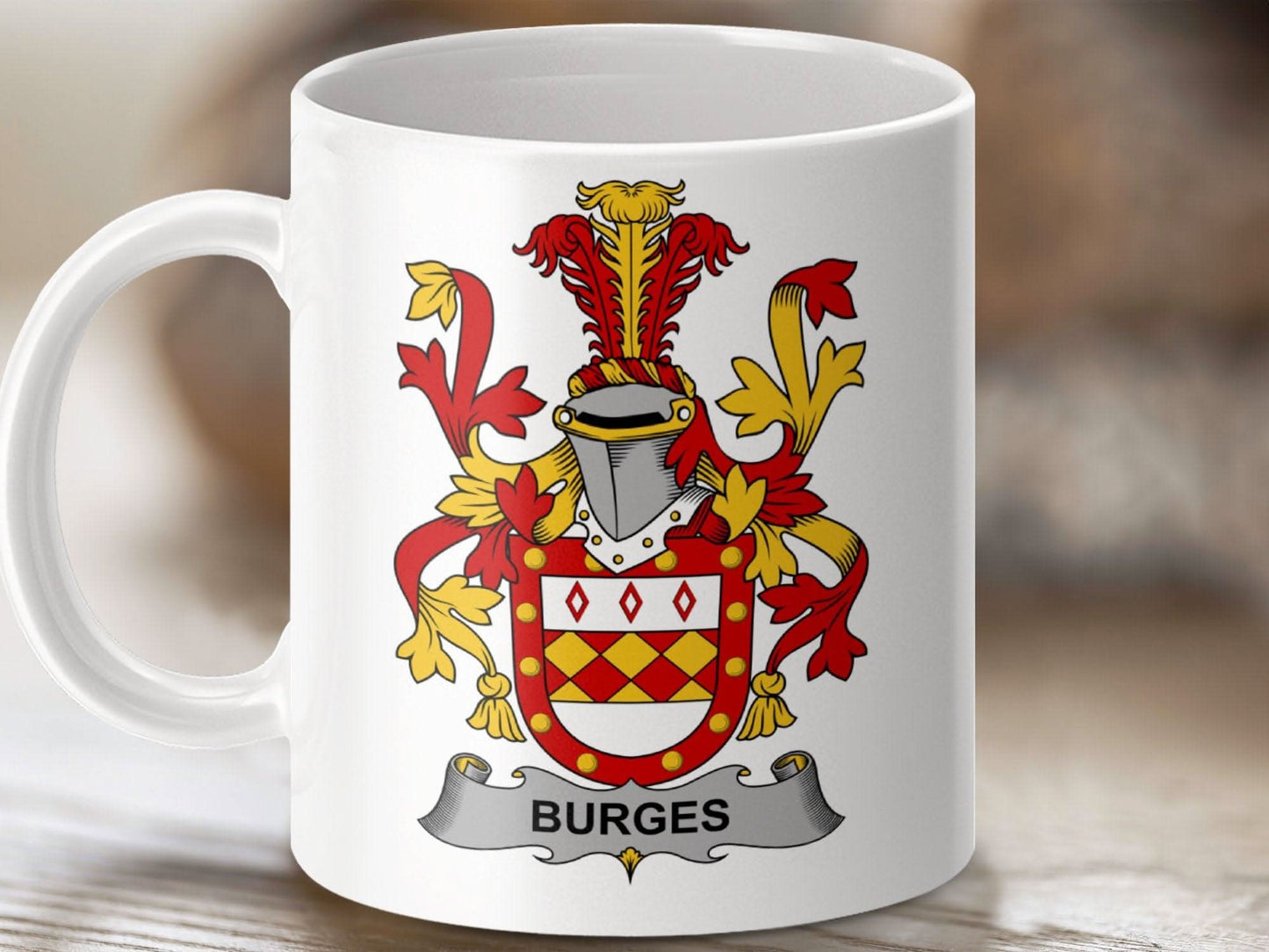 Burges Surname Irish Family Crest Heraldry Heritage Mug - Celtic Ancestry Gifts