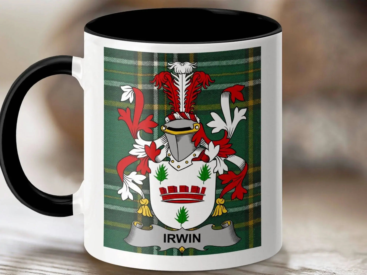 Irwin Coat of Arms on Irish National Tartan Design Mug - Celtic Ancestry Gifts