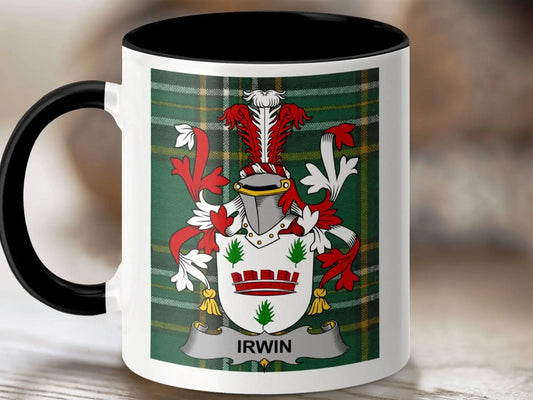 Irwin Coat of Arms on Irish National Tartan Design Mug - Celtic Ancestry Gifts