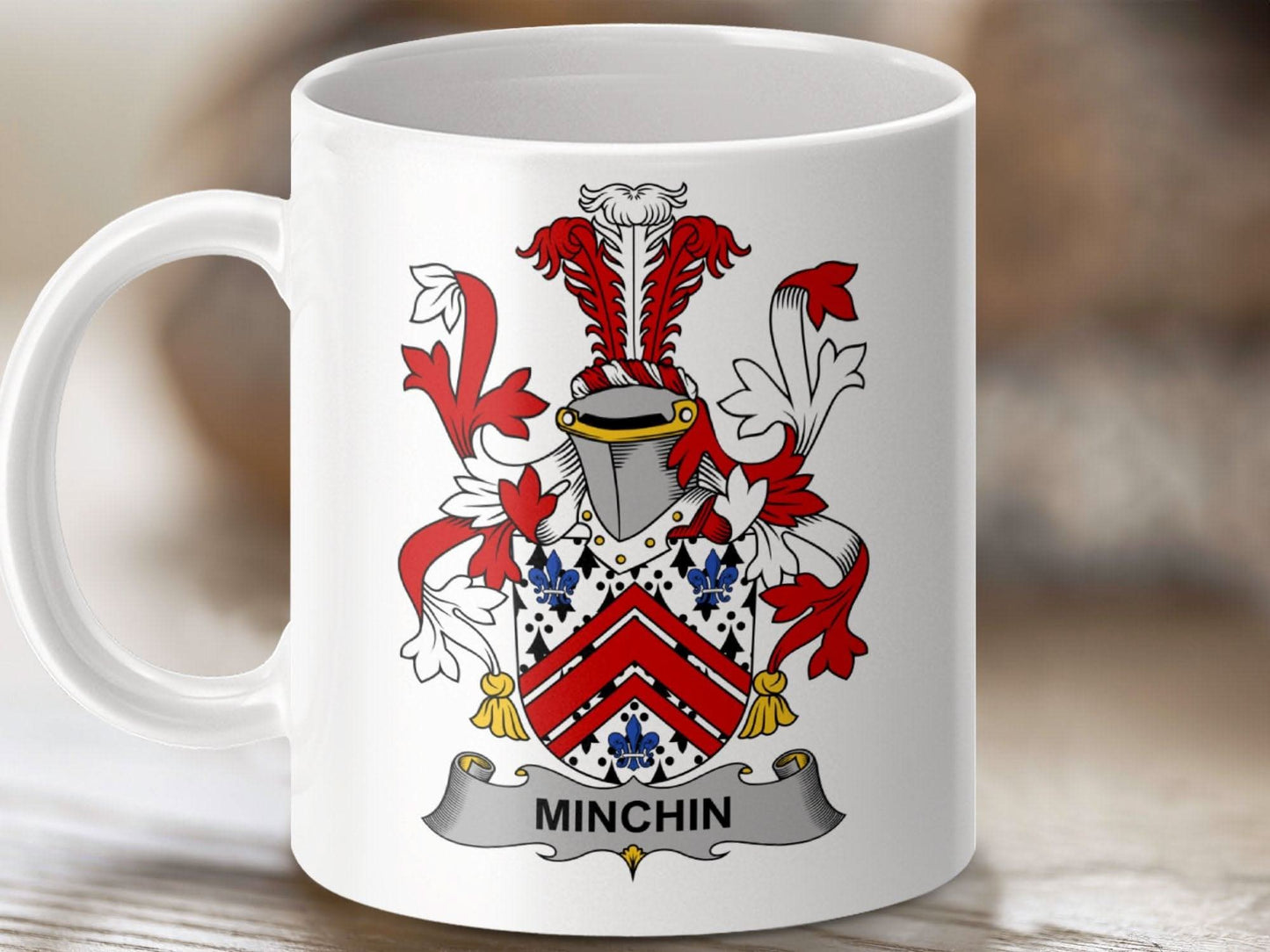 Minchin Family Crest Coat of Arms Design Ceramic Mug - Celtic Ancestry Gifts