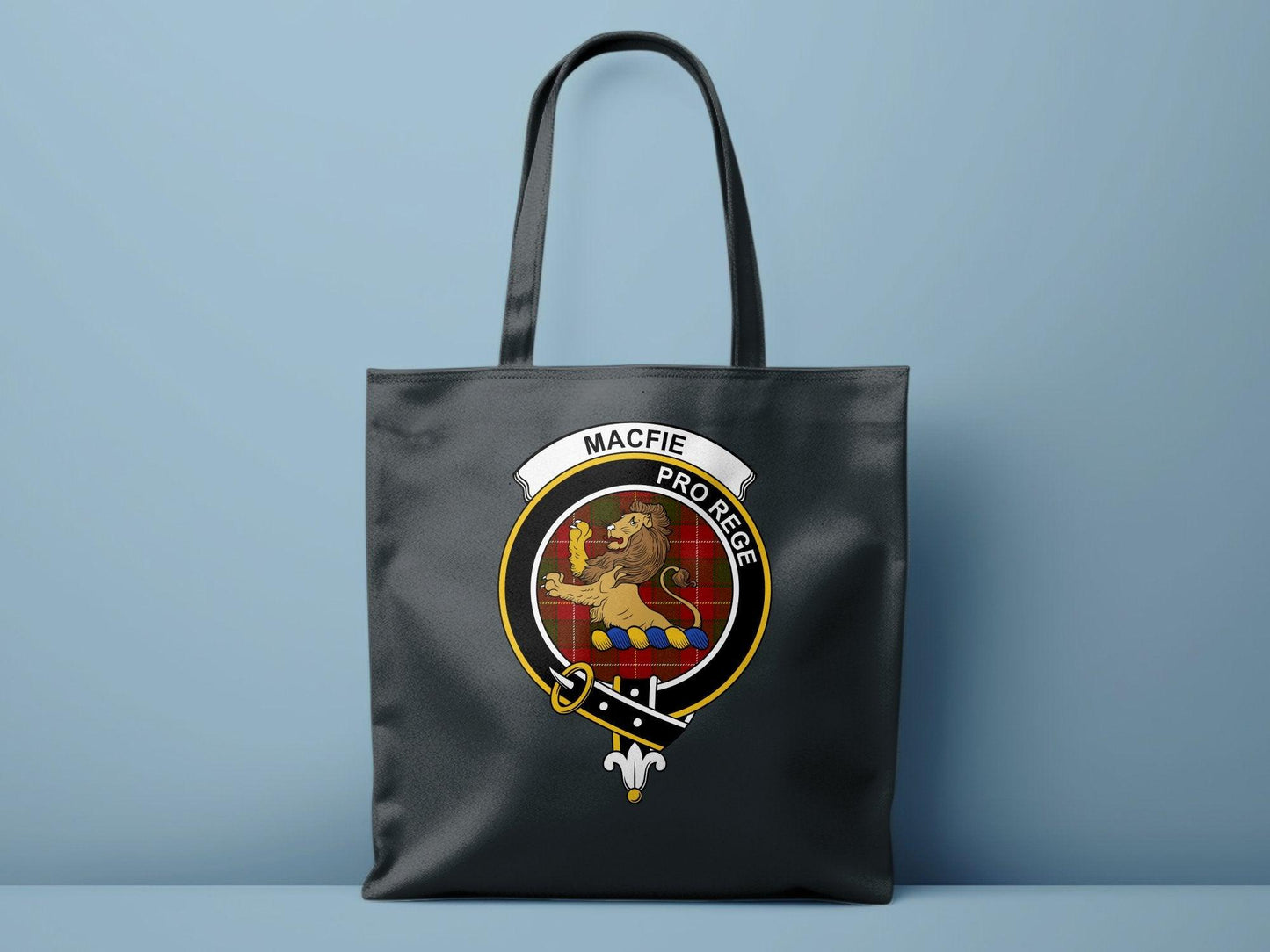MacFie Clan Crest Tote Bag, Scottish Lion Rampant, Black Durable Canvas Shopper, Heritage Emblem Gift