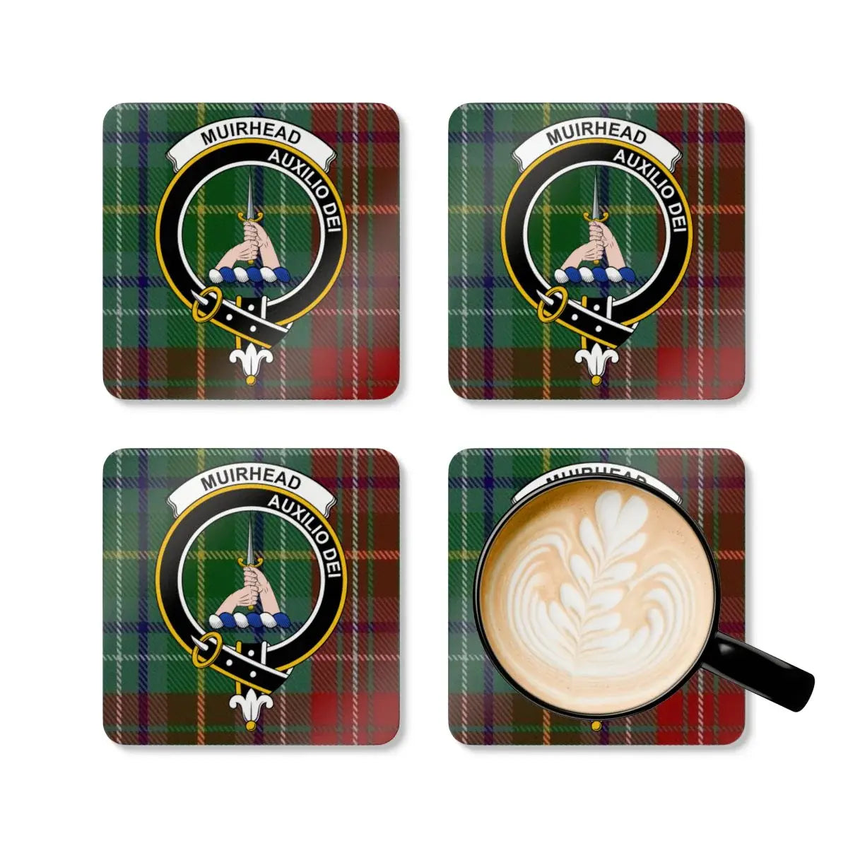 Clan Muirhead Crest on Tartan Background Coaster product type