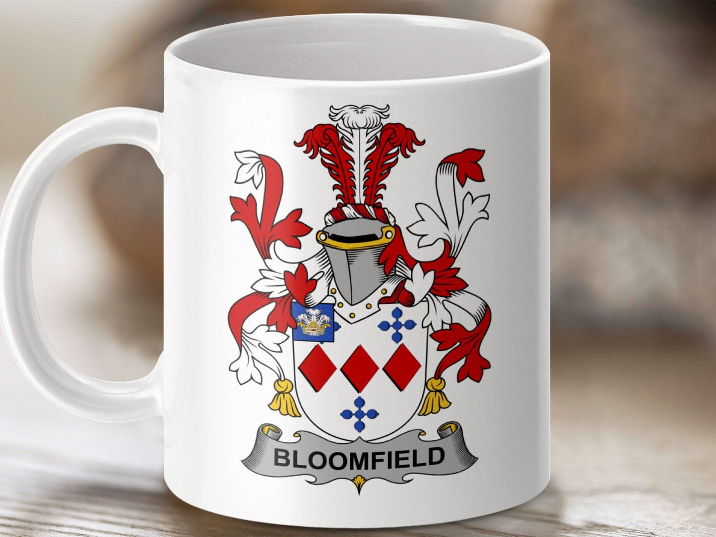 Bloomfield Family Crest Red and White Mug - Celtic Ancestry Gifts