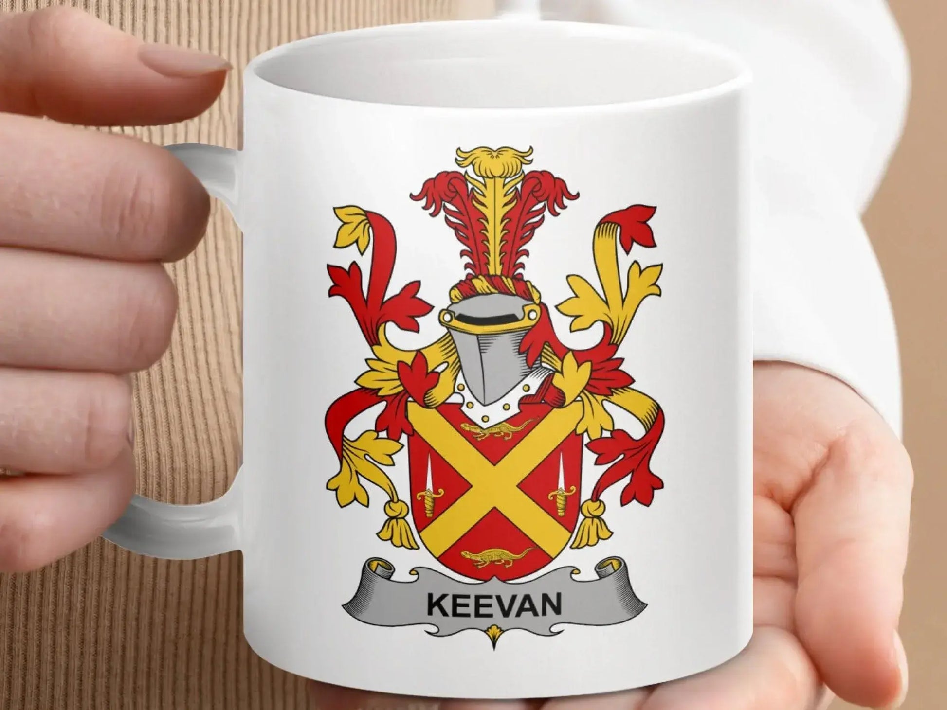 Keevan Irish Surname with Family Crest Design on Mug - Celtic Ancestry Gifts