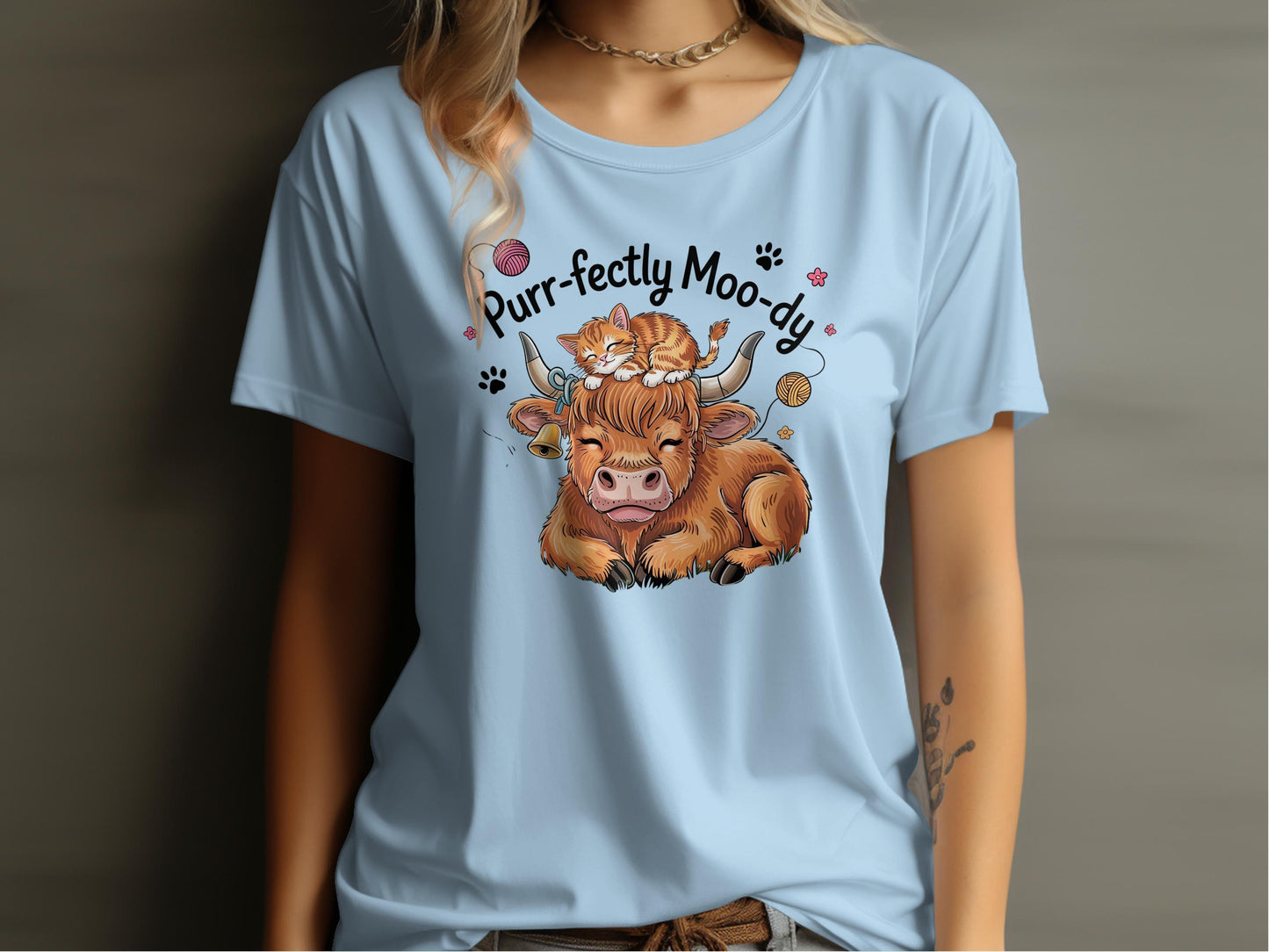 Purr-fectly Moo-dy Cute Highland Cow Cat T-Shirt - Celtic Ancestry Gifts